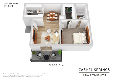 Floor plan for 1 bed, 1 bath, 534 sqft